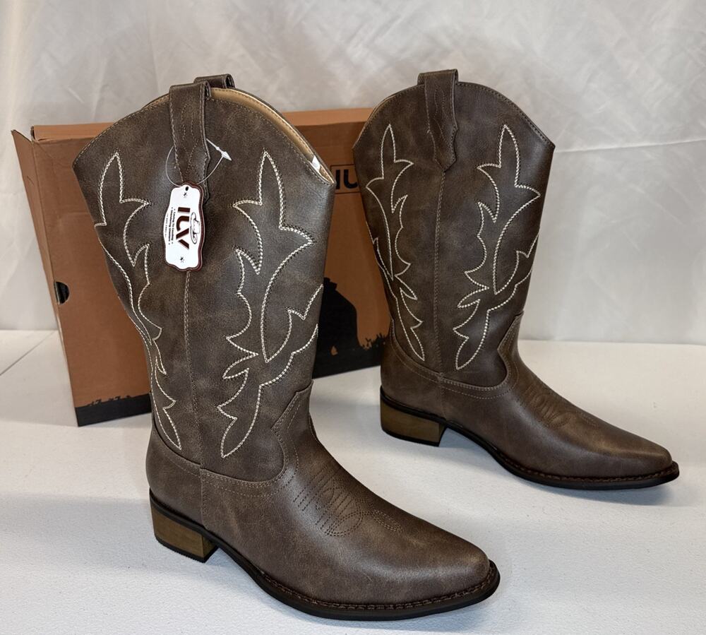 IUV Women’s Western Cowgirl Boots Mid Calf Pointed Toe Boot Dark Brown Size 8